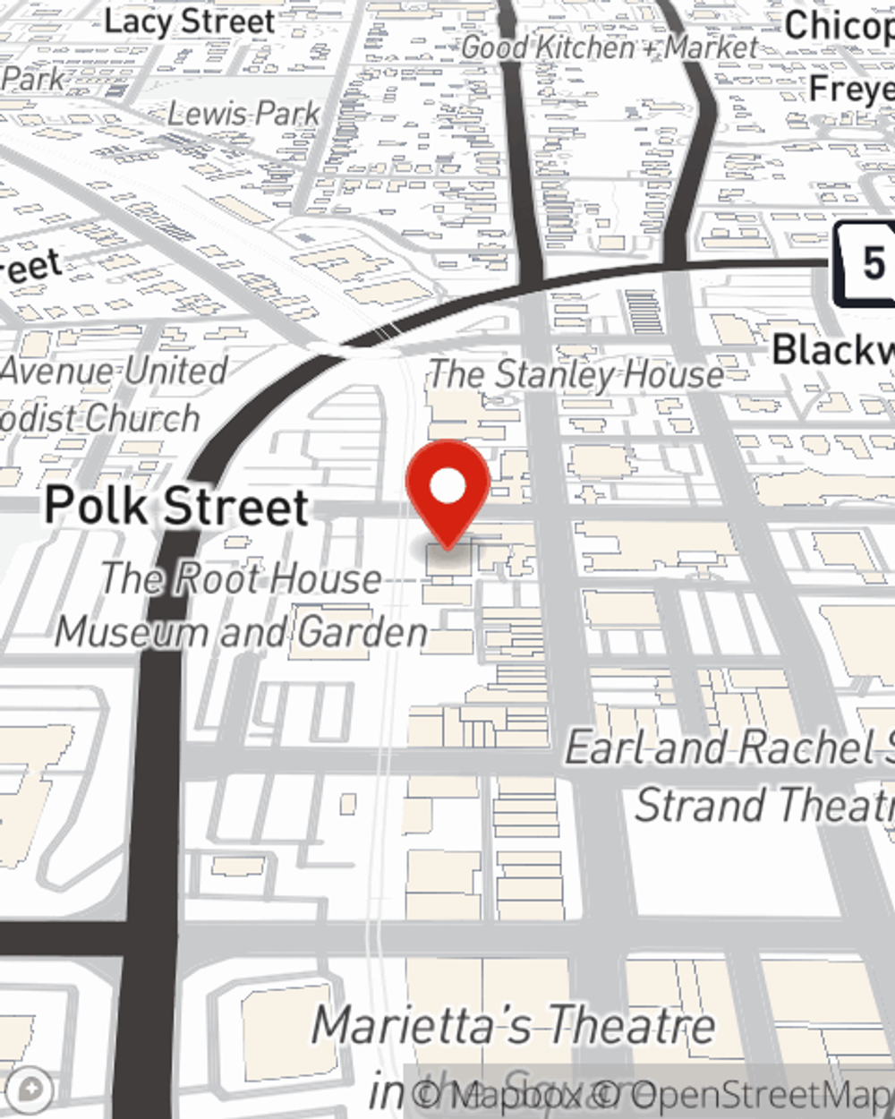 Map showing State Farm Agent Rick Mottern's office at 127 Church St NE, Suite 250, Marietta, GA