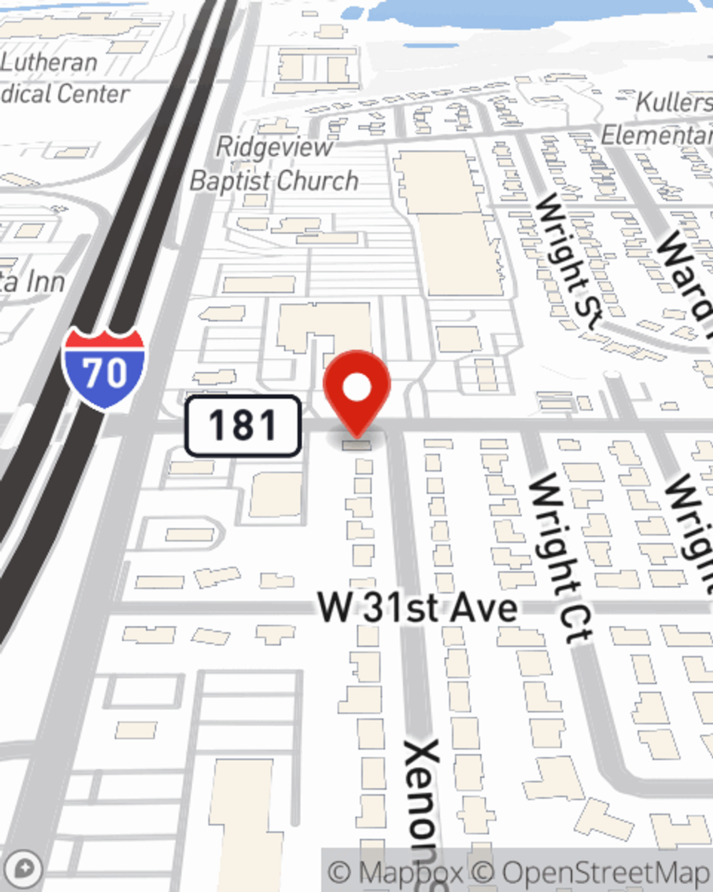 Map showing State Farm Agent Weston Leake's office at 12600 W 32nd Ave, Wheat Ridge, CO