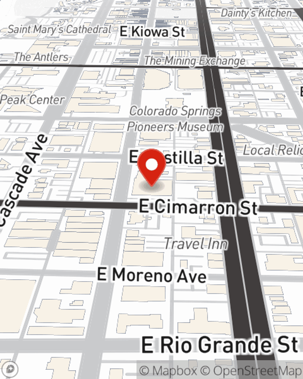 Map showing State Farm Agent Kortney Schultz's office at 421 S Tejon Street Suite 101, Colorado Spgs, CO