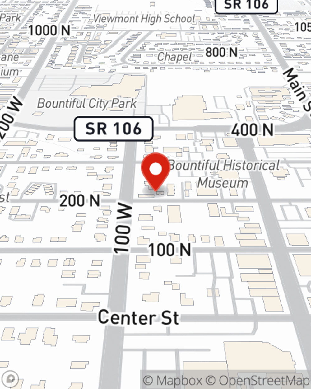 Map showing State Farm Agent Jone Olson's office at 94 West 200 North, Bountiful, UT