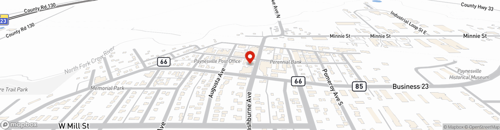 Map showing State Farm Agent Melissa Radel's office at 206 Washburne Ave, Paynesville, MN
