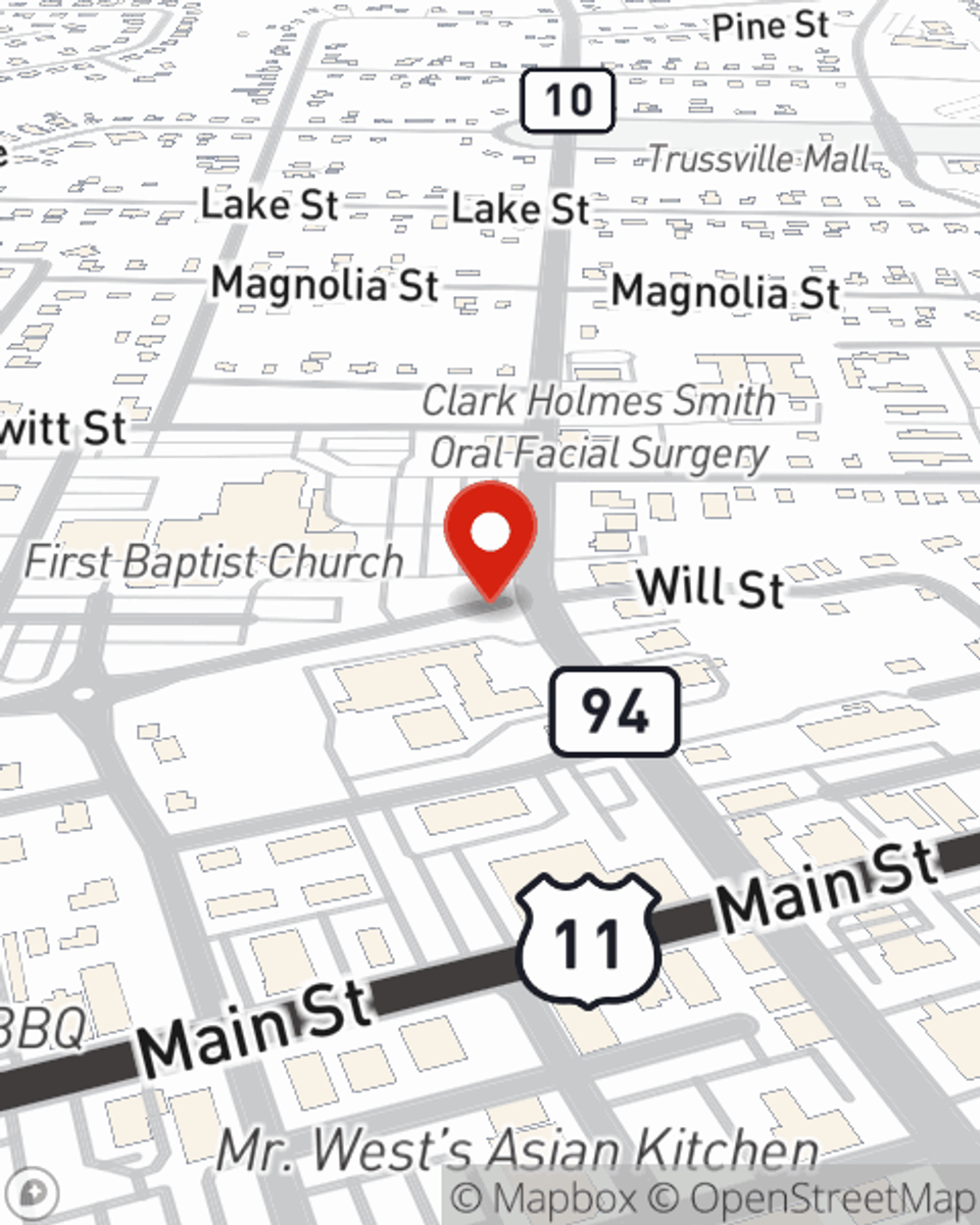 Map showing State Farm Agent Steve Frantz's office at 112 N Chalkville Rd., Trussville, AL