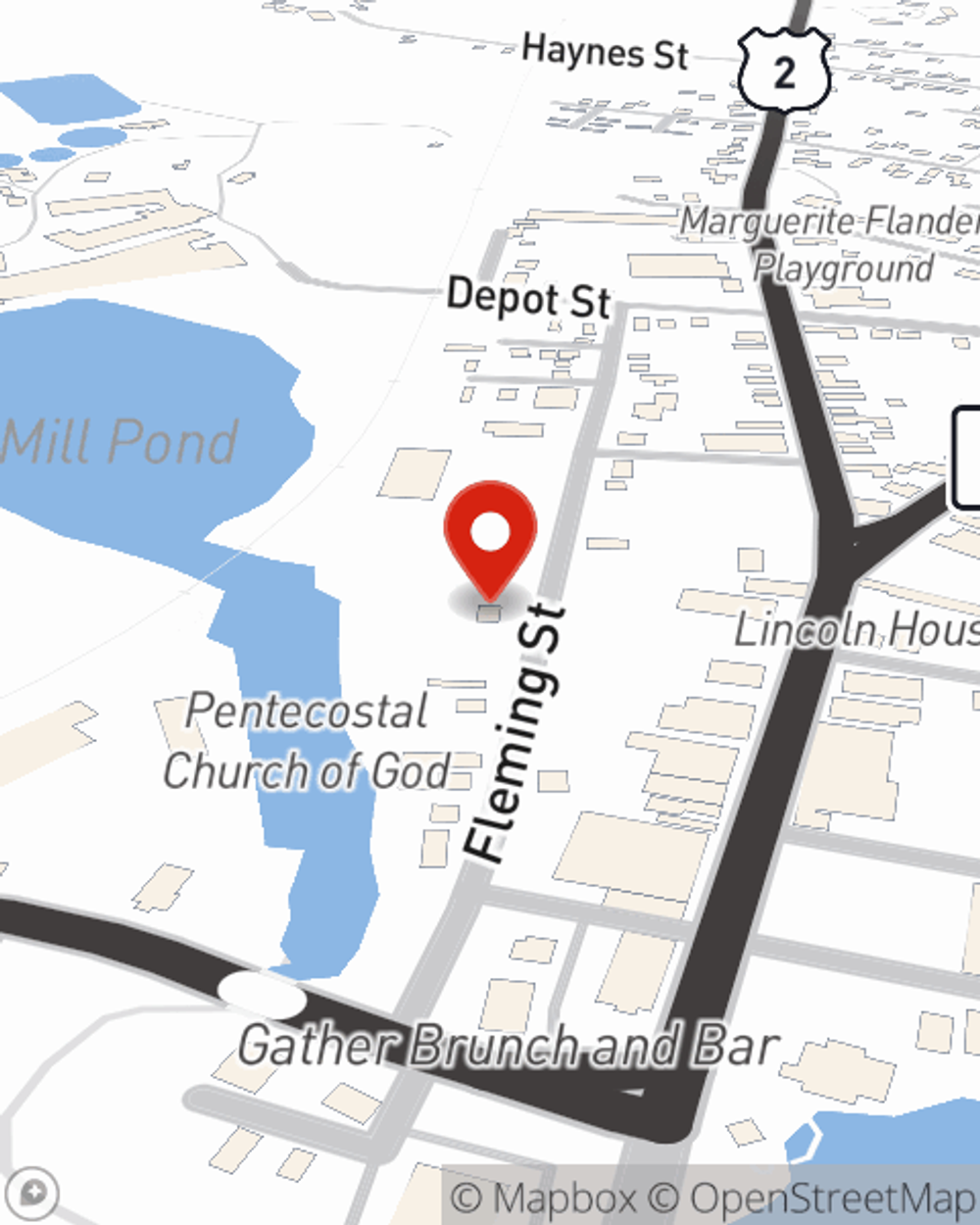 Map showing State Farm Agent Kathy Commeau's office at 32 Fleming Street, Lincoln, ME