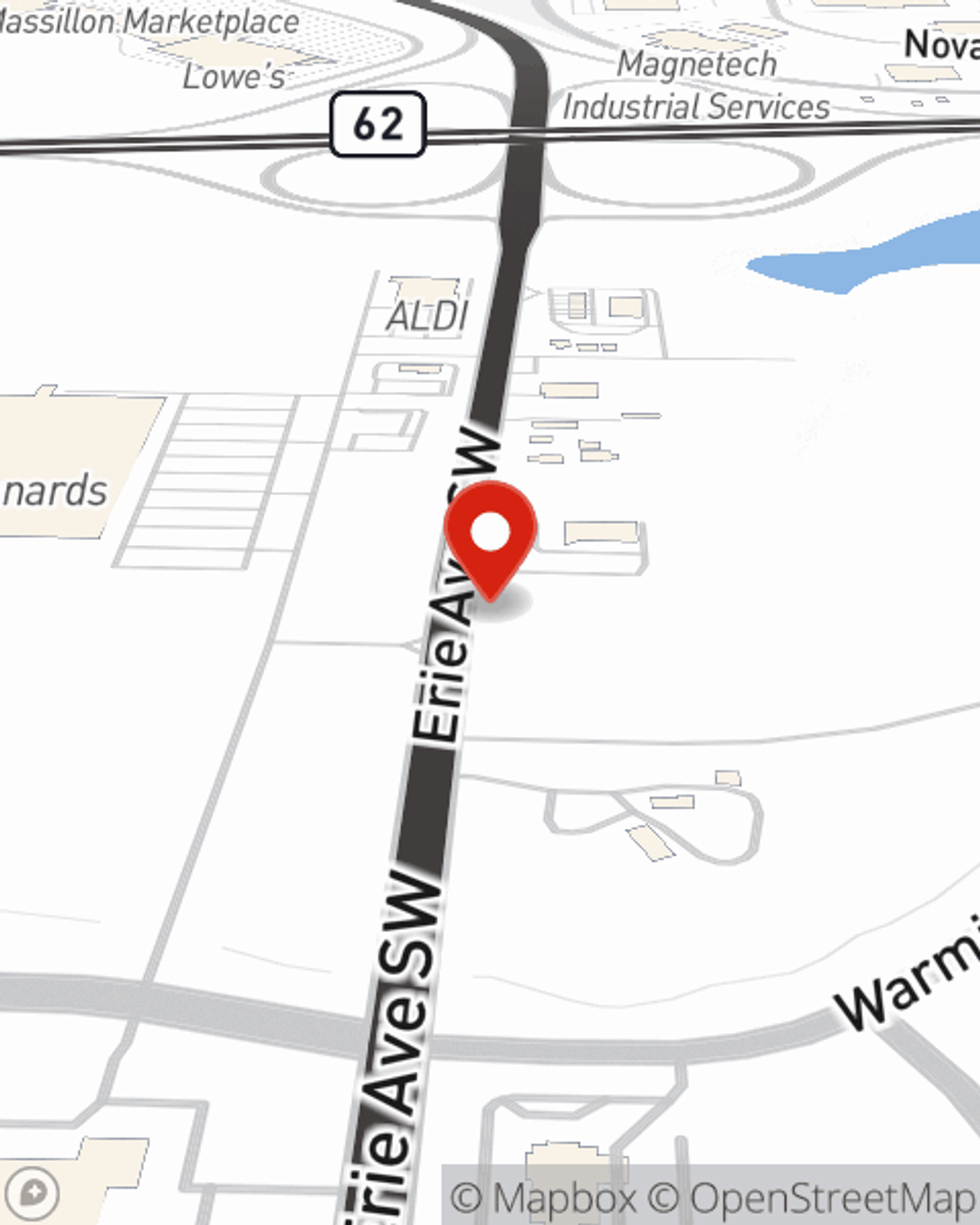 Map showing State Farm Agent Robert Garner's office at 3644 Erie Ave SW, Massillon, OH