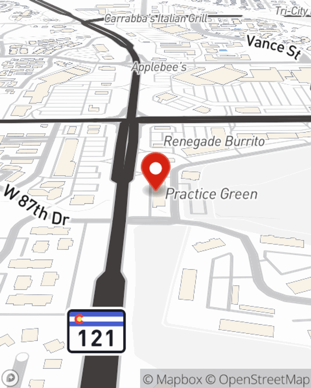 Map showing State Farm Agent Peter Arendsen's office at 8410 Wadsworth Blvd Unit F Arvada, CO