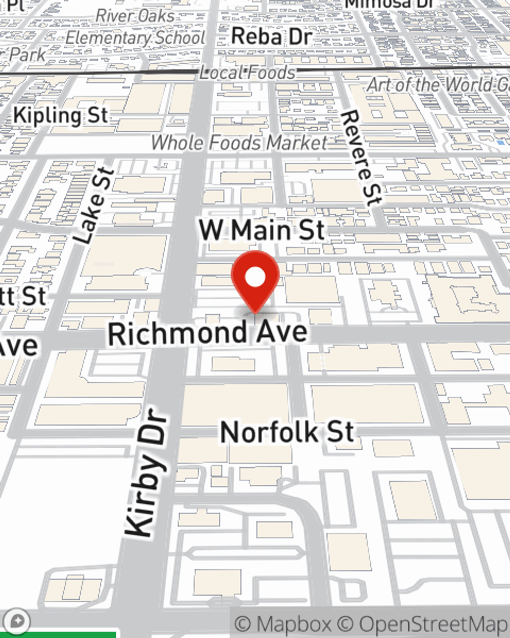 Map showing State Farm Agent Wilbert Sumuel's office at 3453 Kirby Drive (at Richmond Ave), Houston, TX