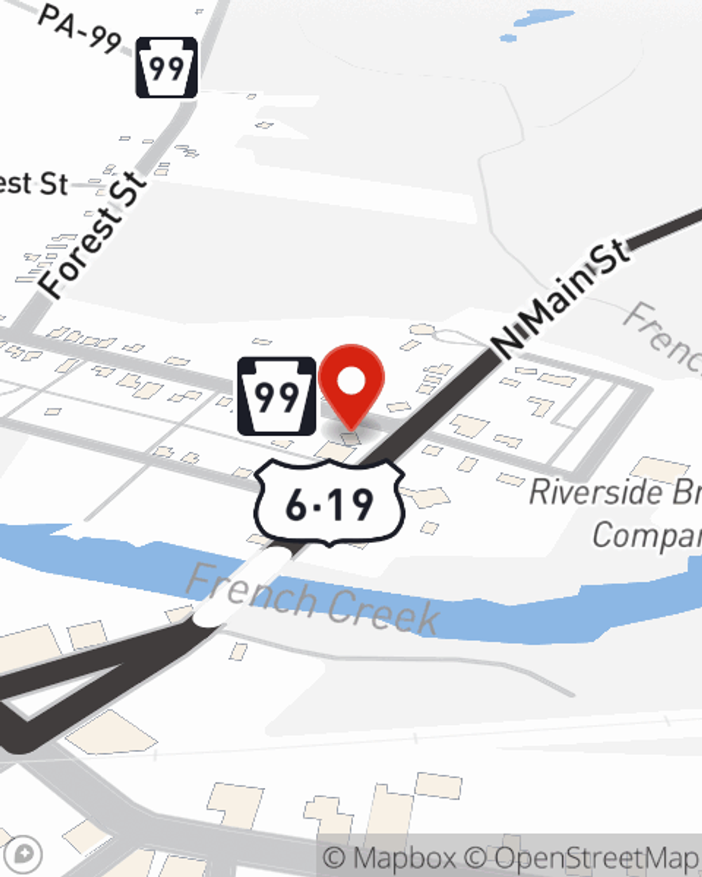 Map showing State Farm Agent Keith Strain's office at 176 N Main Street, Cambridge Springs, PA