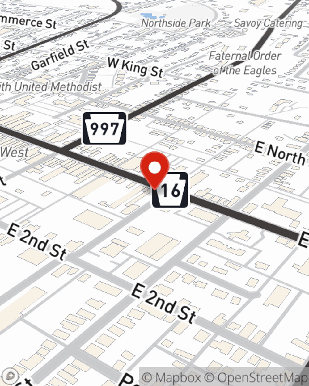 Map showing State Farm Agent Erin Shank's office at 76 E Main Street, Waynesboro, PA