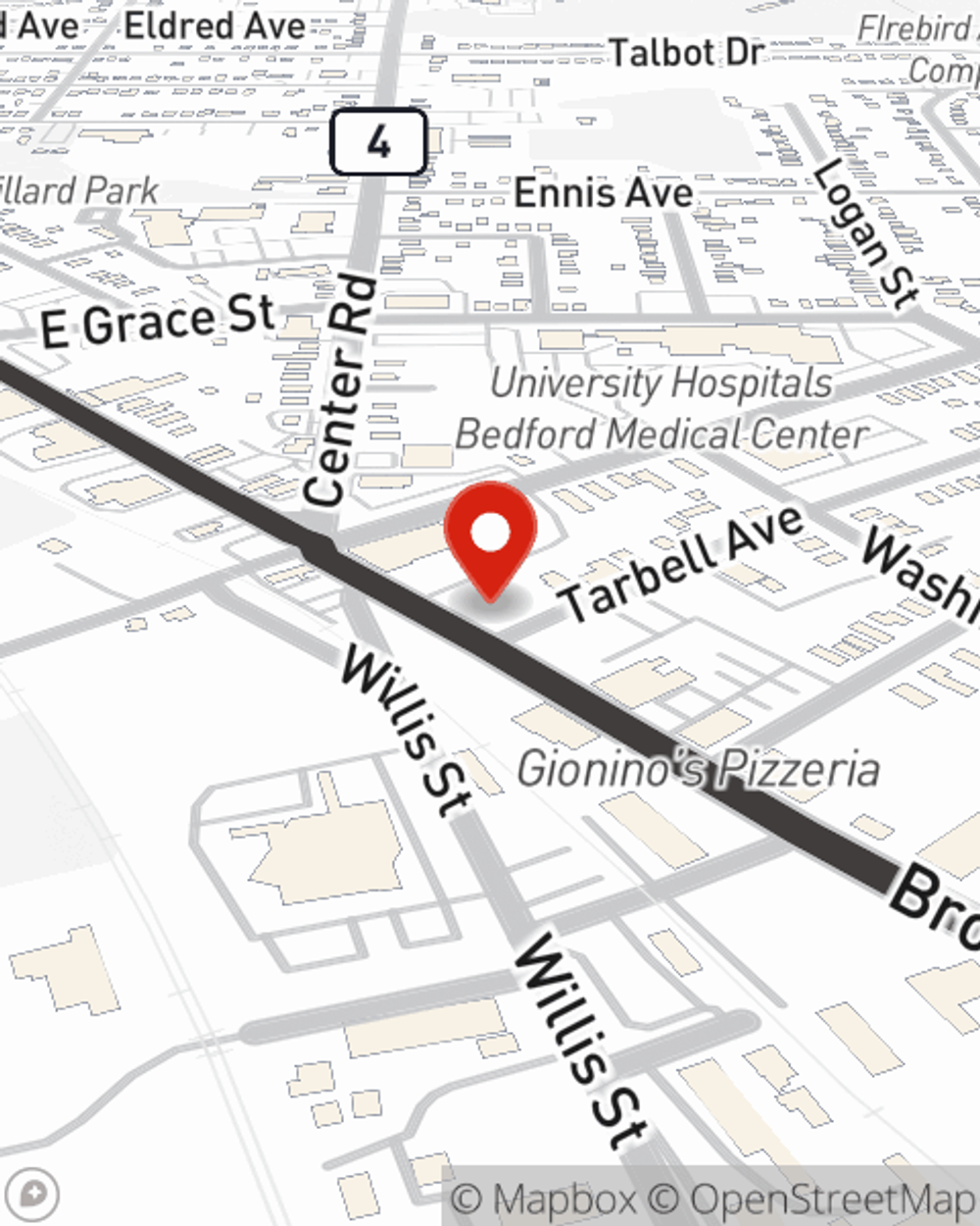 Map showing State Farm Agent Bonny Bird's office at 661 Broadway Ave, Bedford, OH