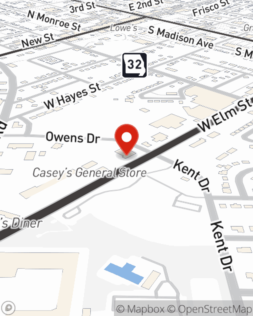 Map showing State Farm Agent Carey Heitman's office at 629 W Elm Street, Lebanon, MO