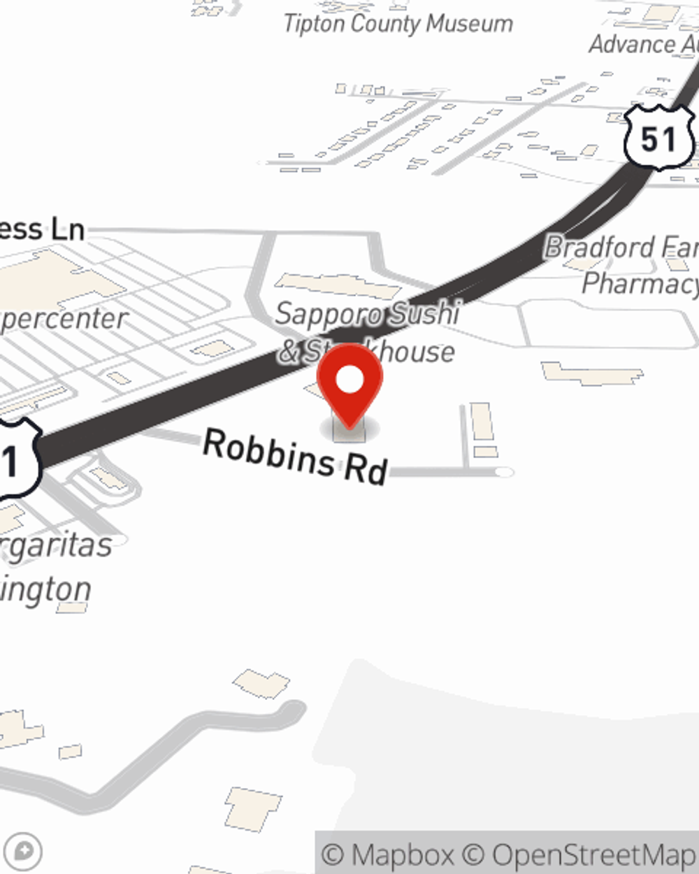 Map showing State Farm Agent Patton Webb's office at 1618 Highway 51 S Suite K, Covington, TN