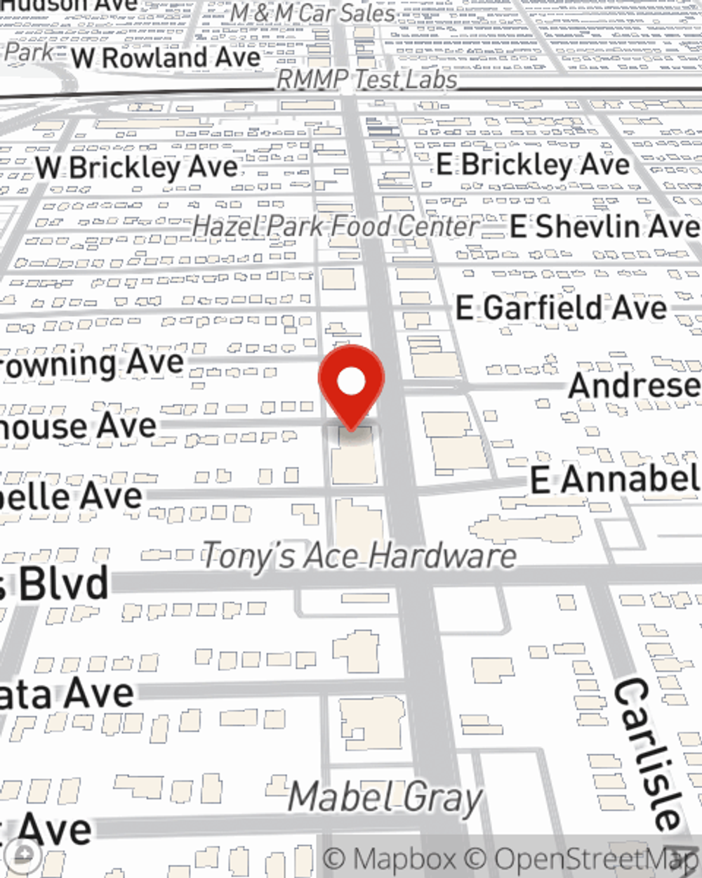 Map showing State Farm Agent Ashia Powers's office at 24129 John R Road, Hazel Park, MI