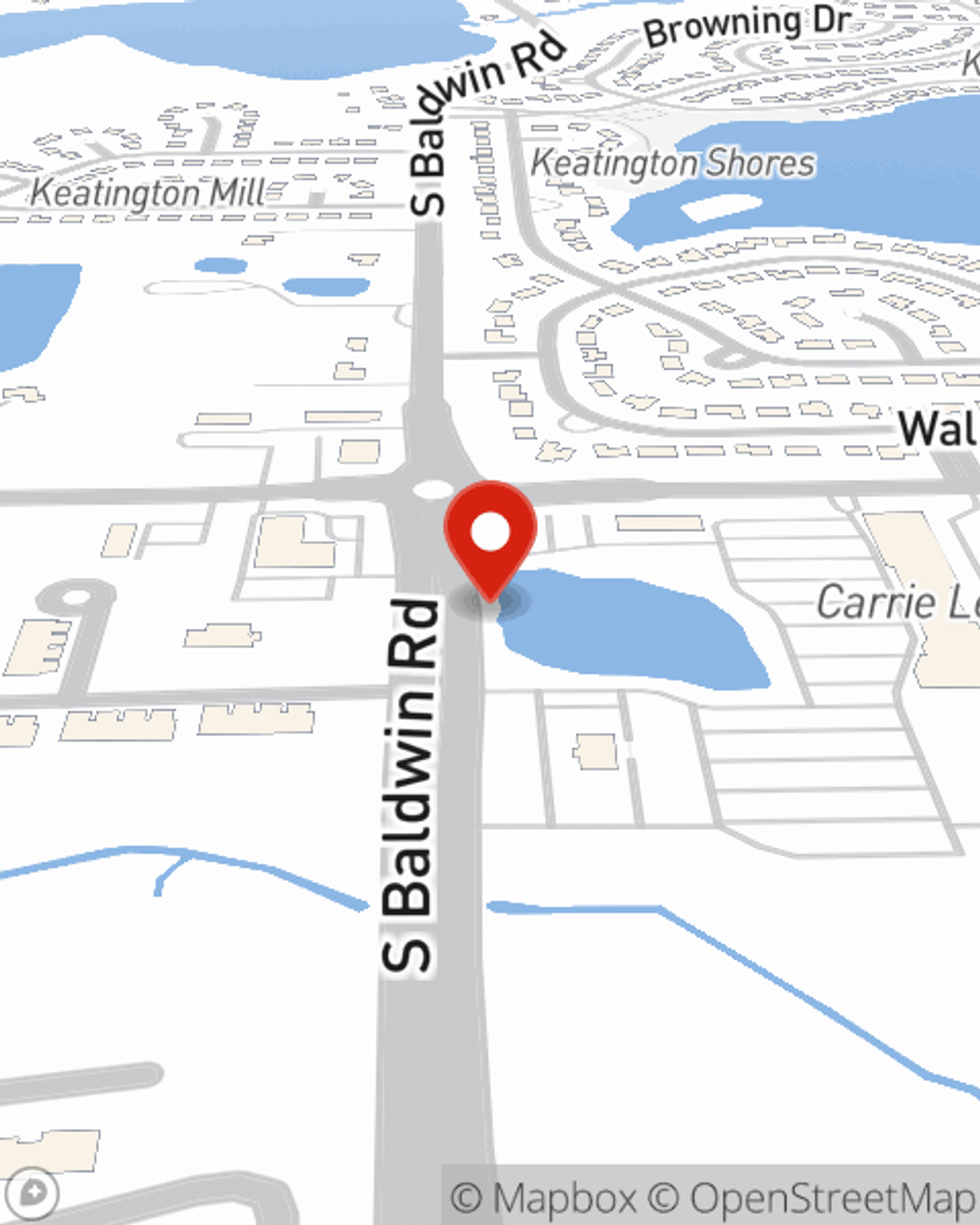Map showing State Farm Agent Jake Asbury's office at 3055 S Baldwin Road, Lake Orion, MI