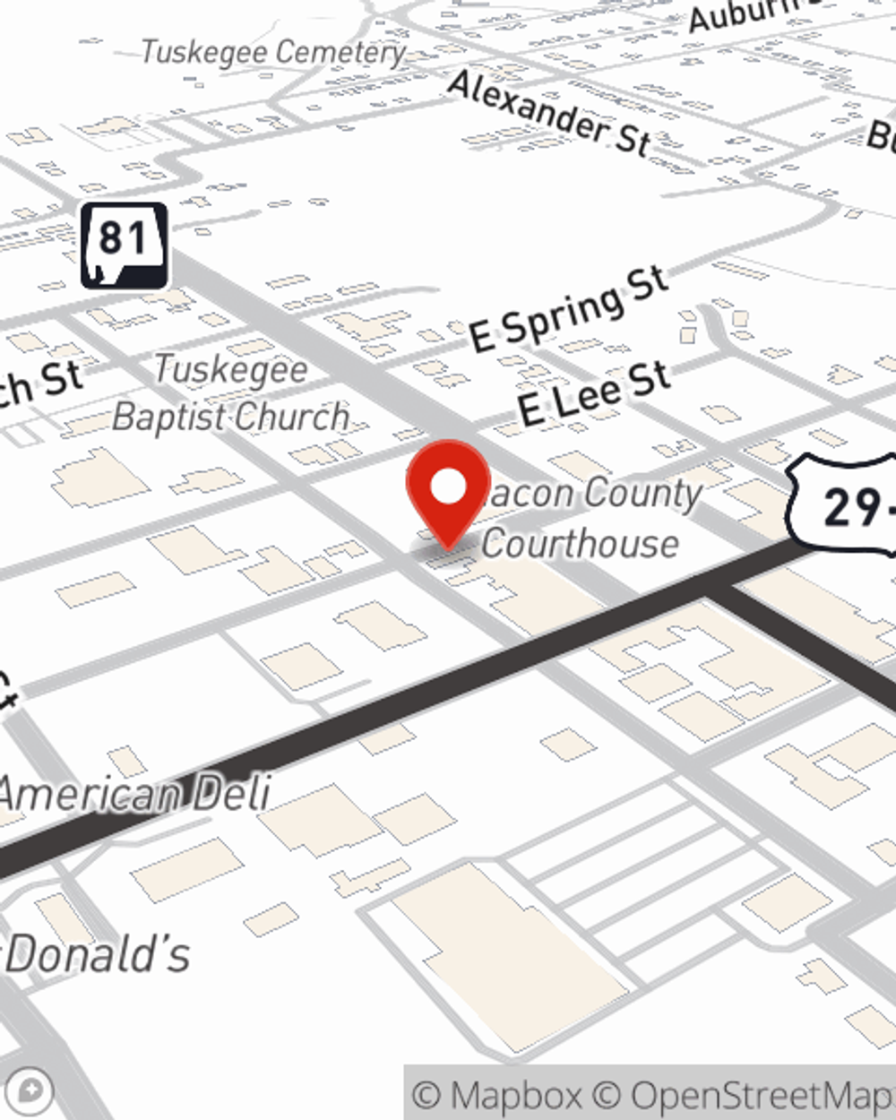 Map showing State Farm Agent James Boyd's office at 115 West Rosa Parks Ave. Tuskegee, AL