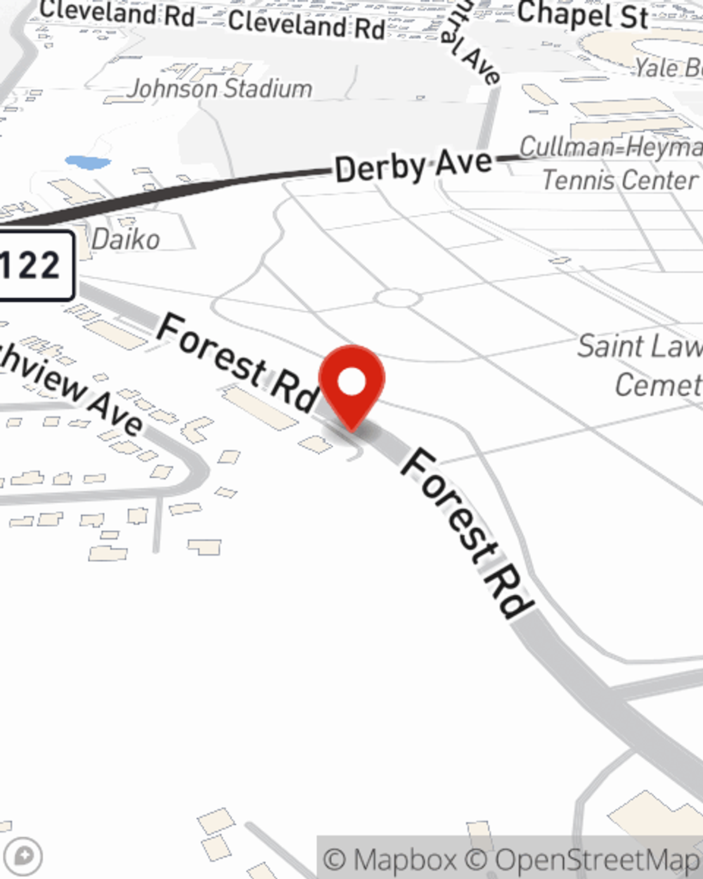 Map showing State Farm Agent Derwin Griffith's office at 444 Forest Road, West Haven, CT