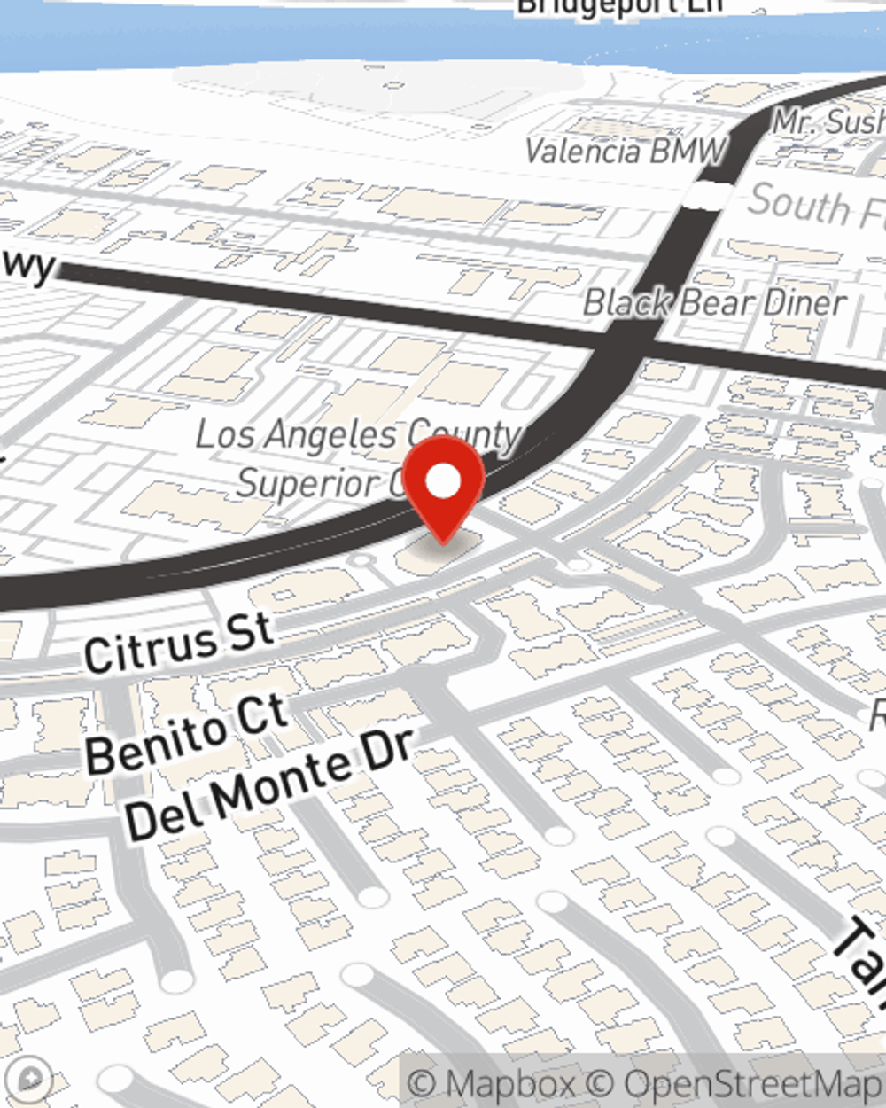 Map showing State Farm Agent Ernie Bolanos's office at 23822 Valencia Blvd, Suite 204, Valencia, CA