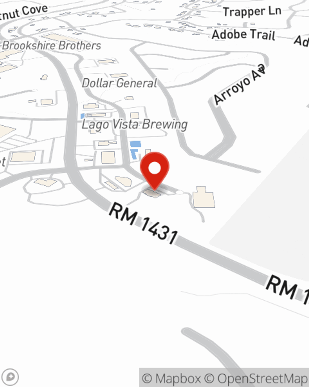 Map showing State Farm Agent Marc Nascimento's office at 20500 Fm 1431 Suite 100, Lago Vista, TX