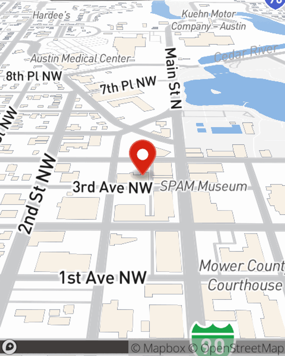 Map showing State Farm Agent Elijah Dahmen's office at 122 3rd Ave NW, Austin, MN