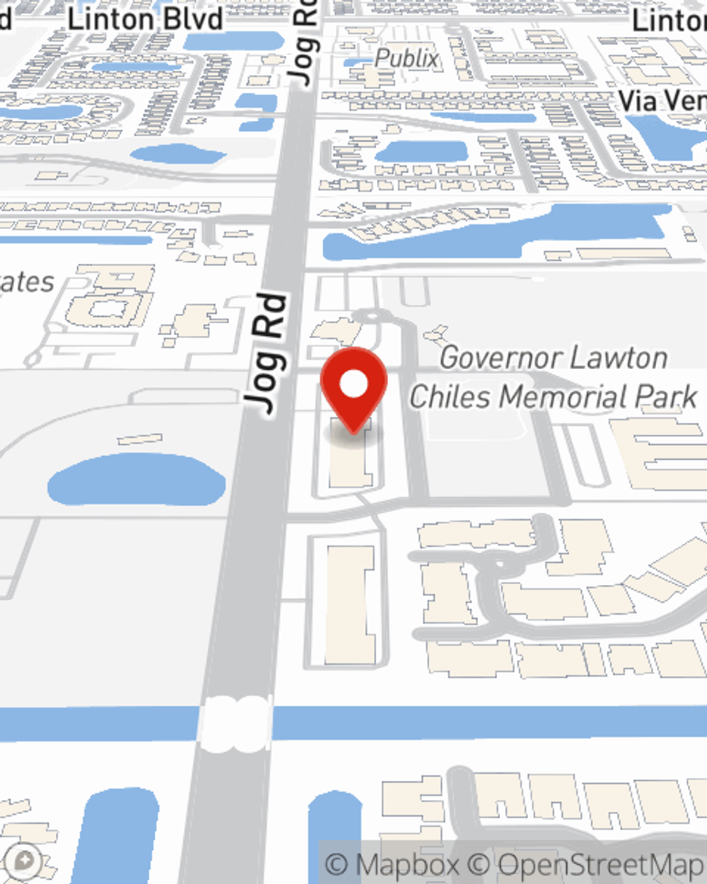 Map showing State Farm Agent Frank Walker's office at 16850 Jog Rd Suite 109, Delray Beach, FL