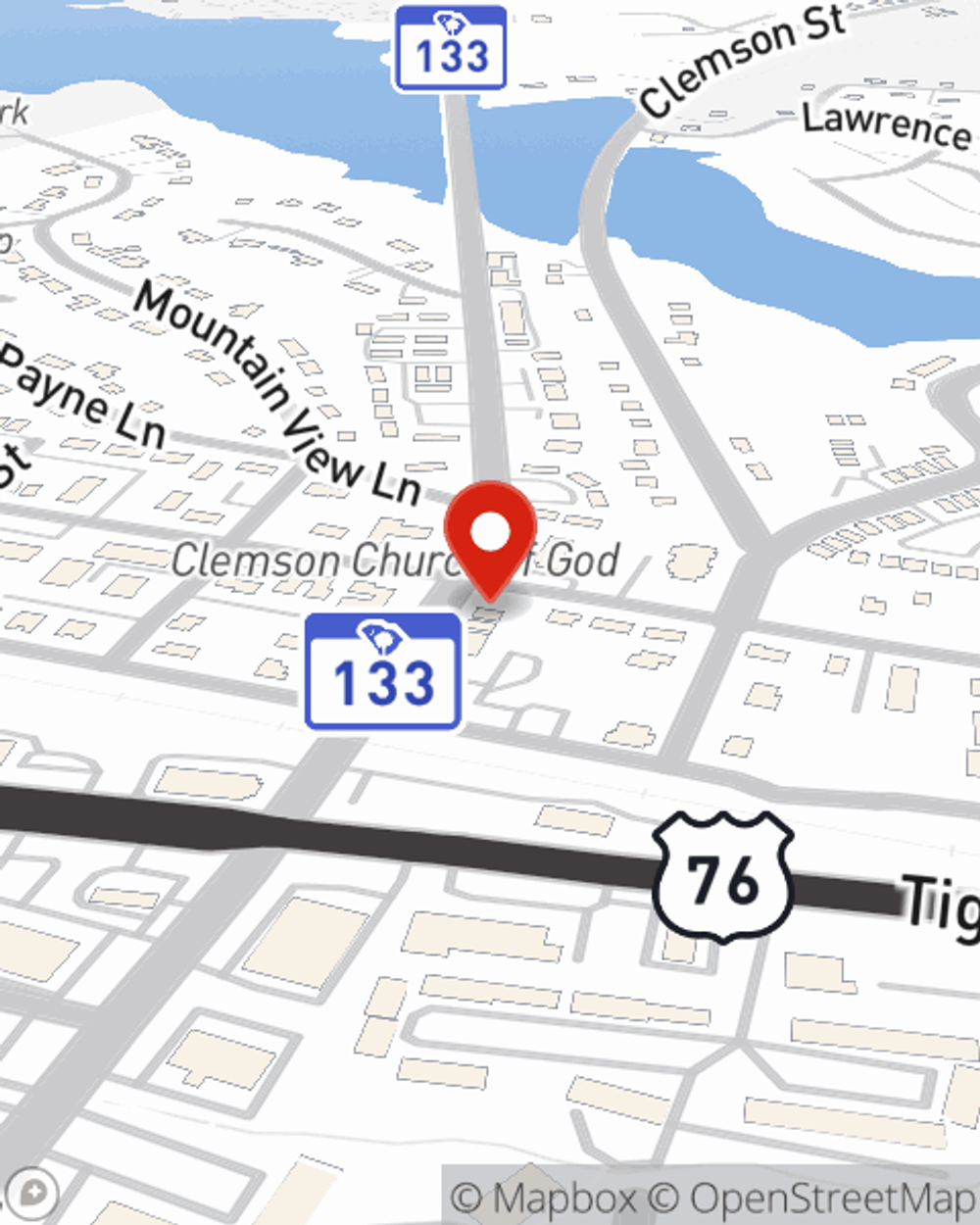 Map showing State Farm Agent Gene Dukes Jr.'s office at 602 College Ave, Suite 5, Clemson, SC