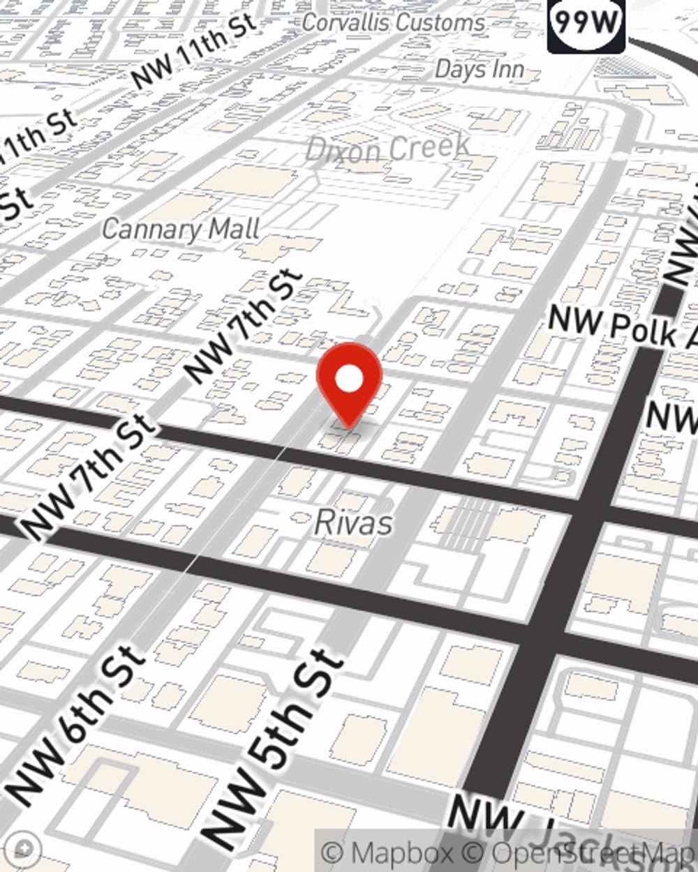 Map showing State Farm Agent Justin Kruse's office at 555 NW Harrison Blvd Corvallis, OR