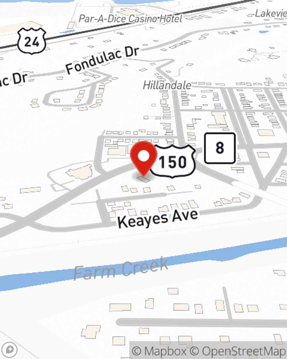 Map showing State Farm Agent Tony Axelson's office at 1100 E. Washington, East Peoria, IL