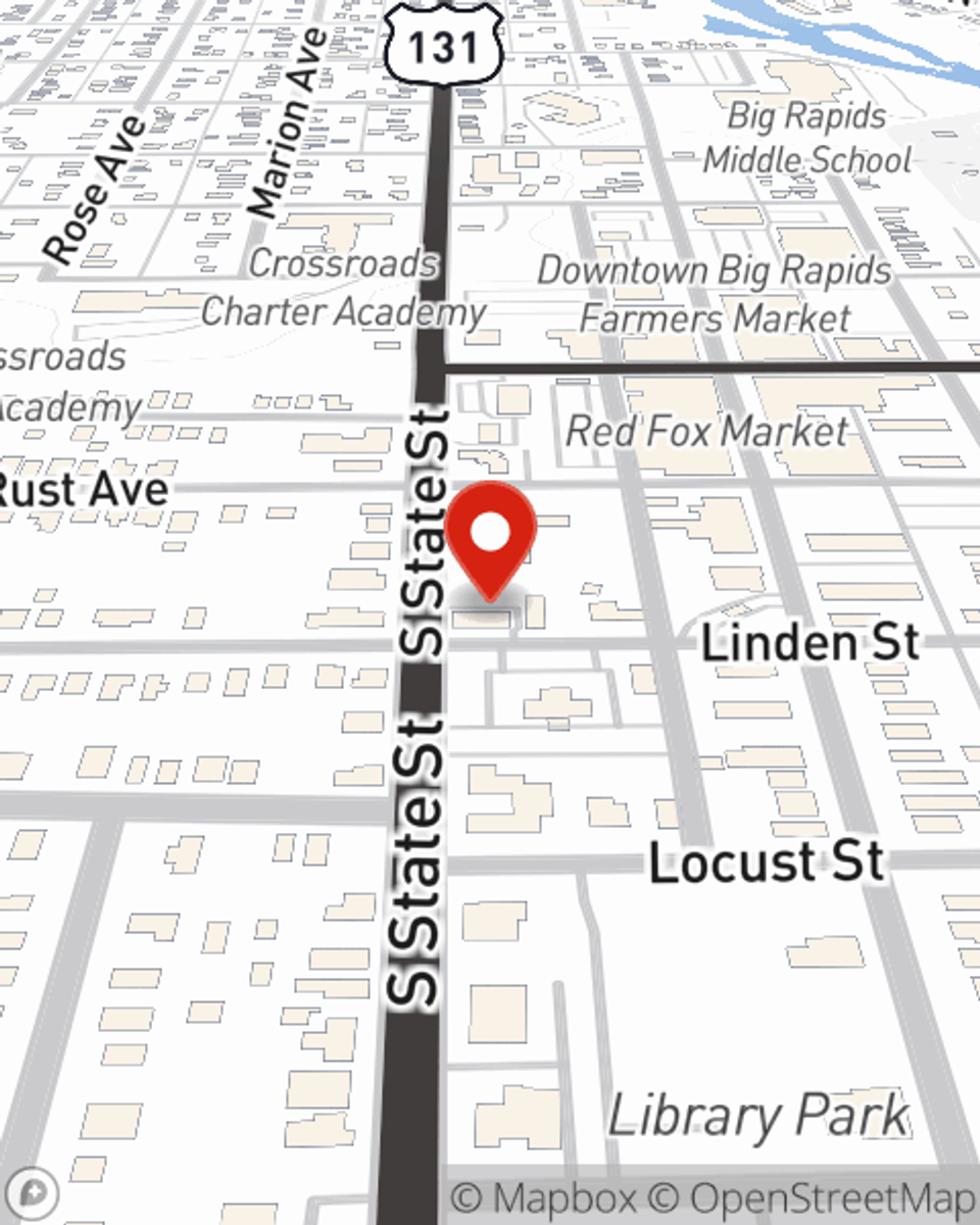 Map showing State Farm Agent Darrick Earegood's office at 225 S State Street, Big Rapids, MI