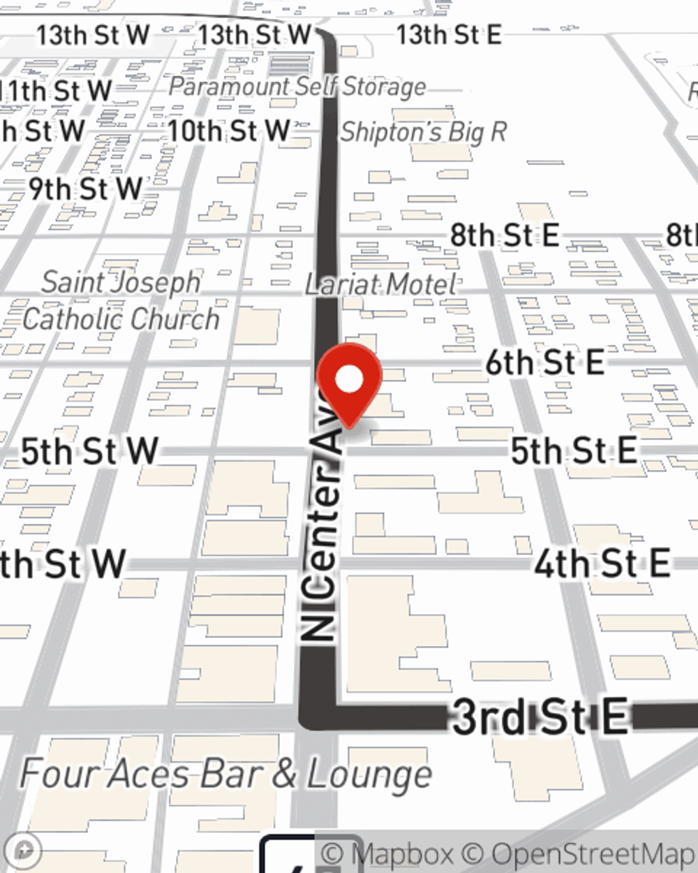 Map showing State Farm Agent Terri Hein's office at 7 5th Street E, Hardin, MT