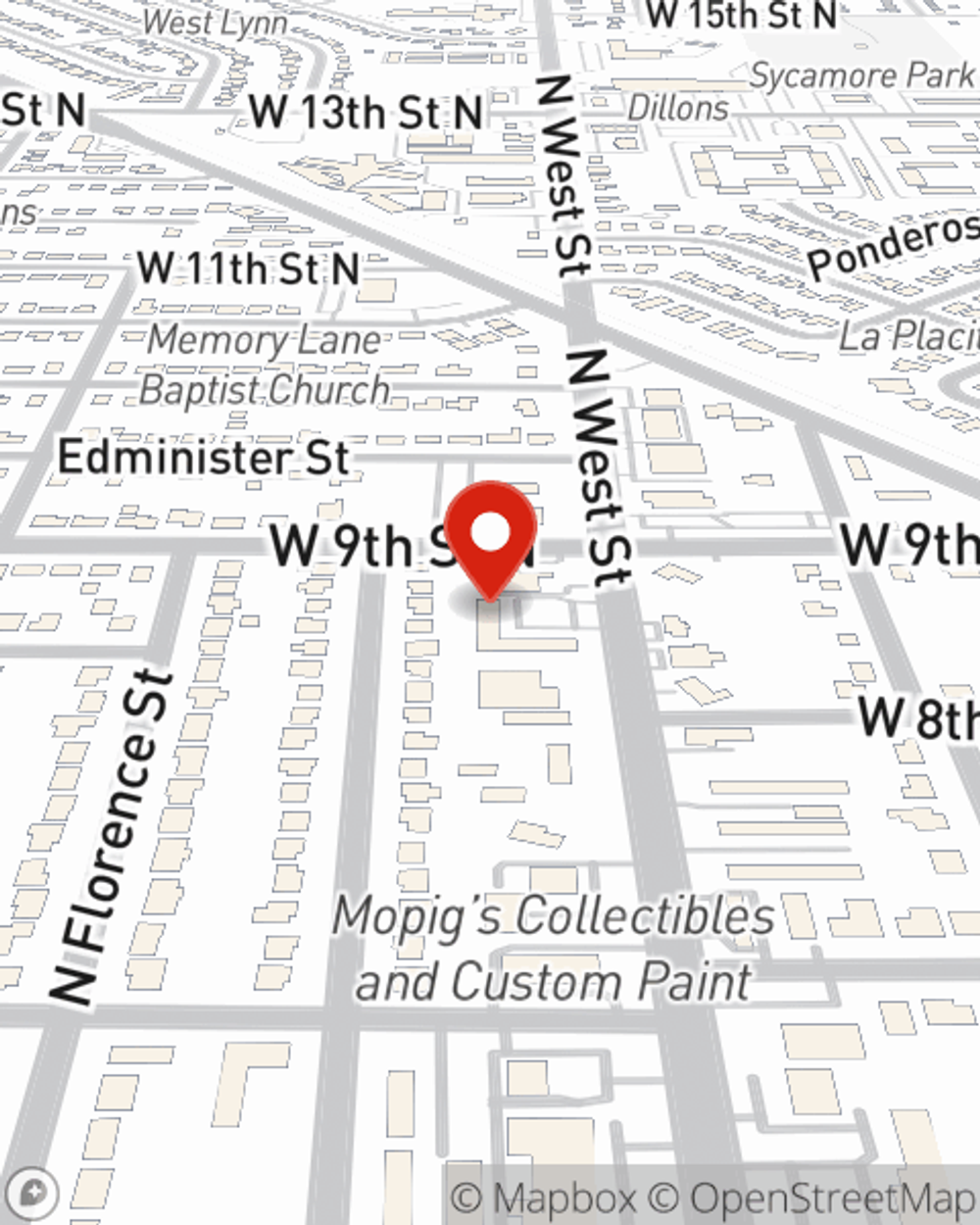 Map showing State Farm Agent Brody Burns's office at 961 N West Street, Wichita, KS