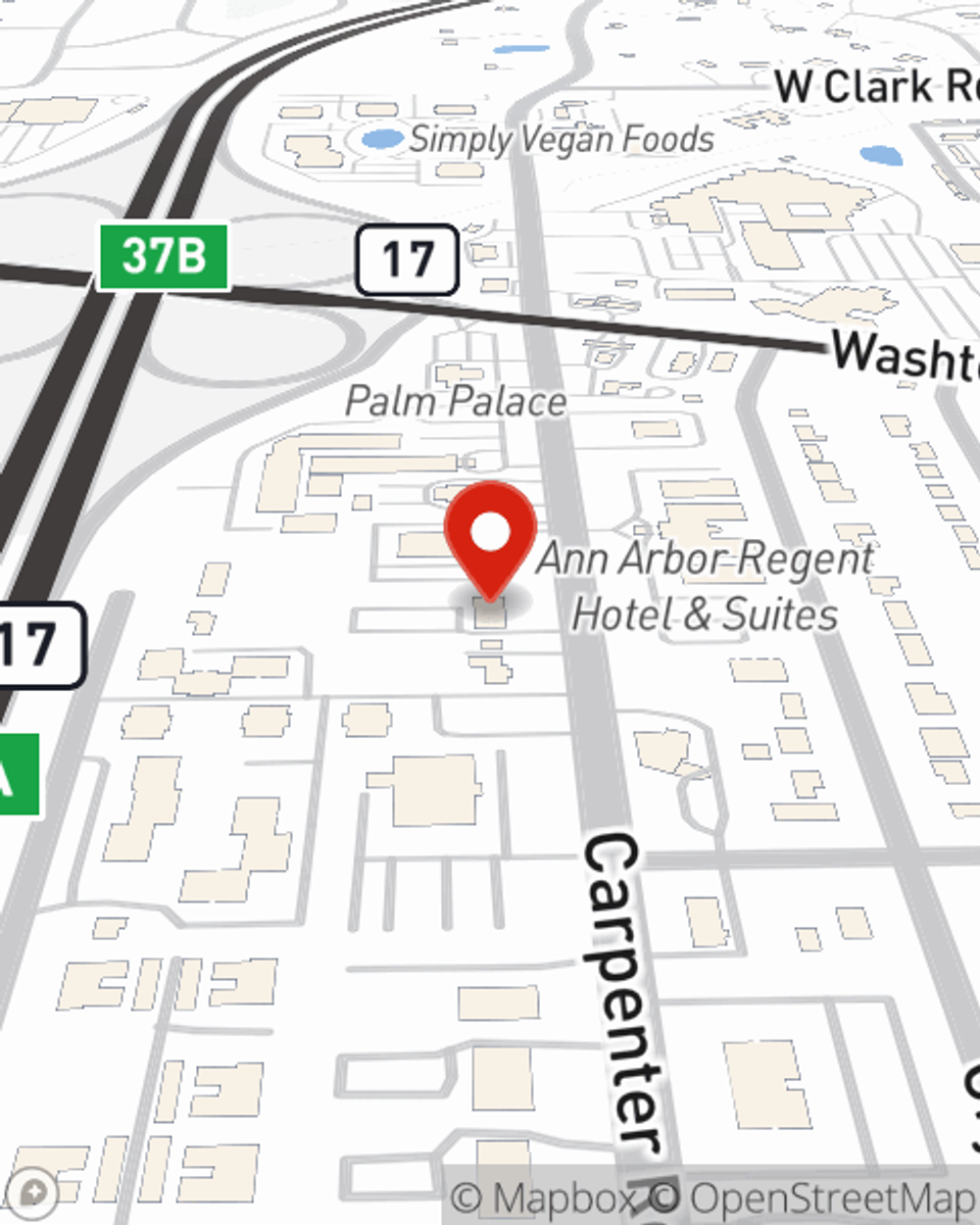 Map showing State Farm Agent Dana Rowry's office at 2512 Carpenter, Suite 101 A, Ann Arbor, MI