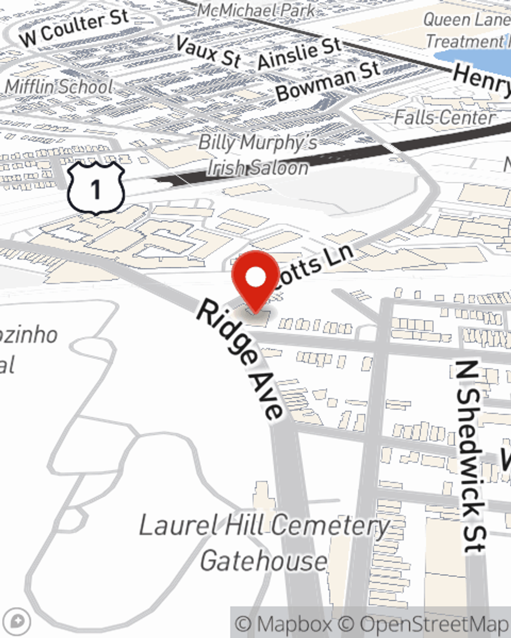 Map showing State Farm Agent Rob Hoffman's office at 4001 Ridge Avenue, Philadelphia, PA