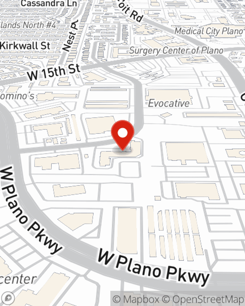 Map showing State Farm Agent Jennifer Webb's office at 1200 Commerce Dr, Suite 116, Plano, TX