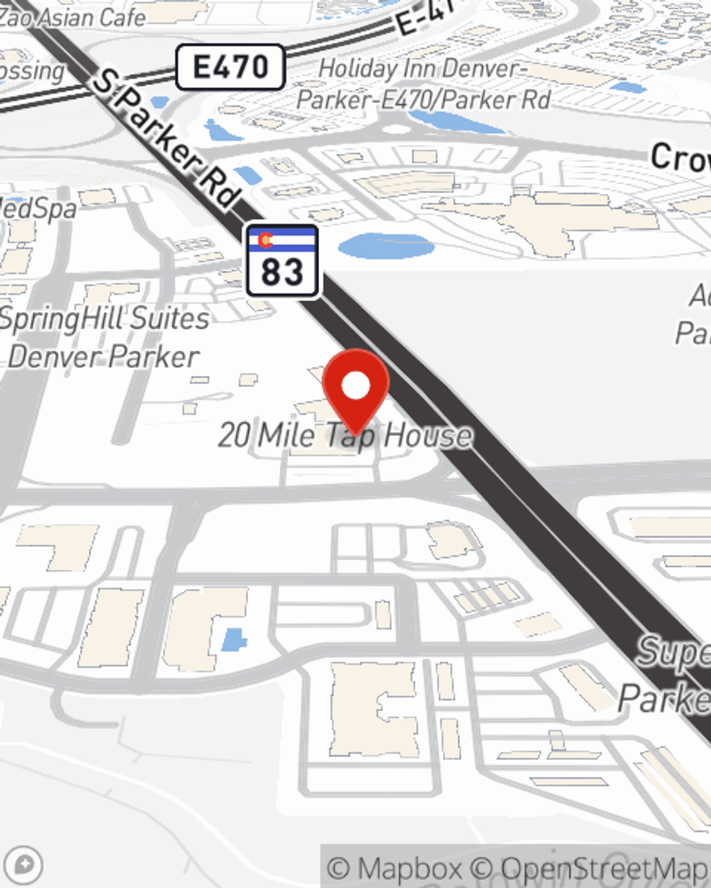 Map showing State Farm Agent Ryan Hume's office at 12543 N Highway 83 (Parker Rd), Suite 216, Parker, CO