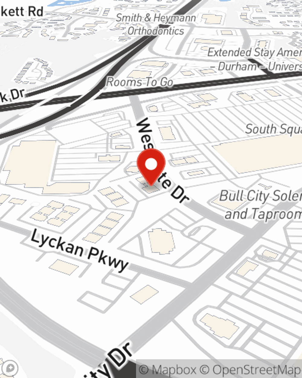Map showing State Farm Agent James Zewe's office at 3500 Westgate Drive Suite 901, Durham, NC