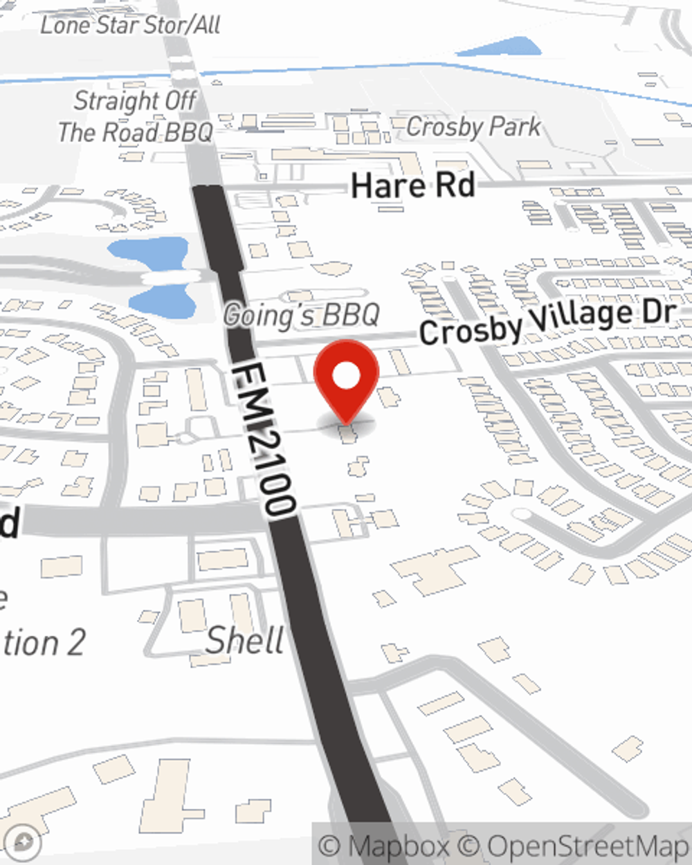 Map showing State Farm Agent Jeremy Rosenkranz's office at 6106 FM 2100, Crosby, TX