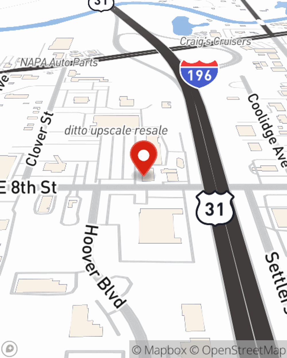 Map showing State Farm Agent Dennis Jones's office at 573 E 8th Street, Holland, MI