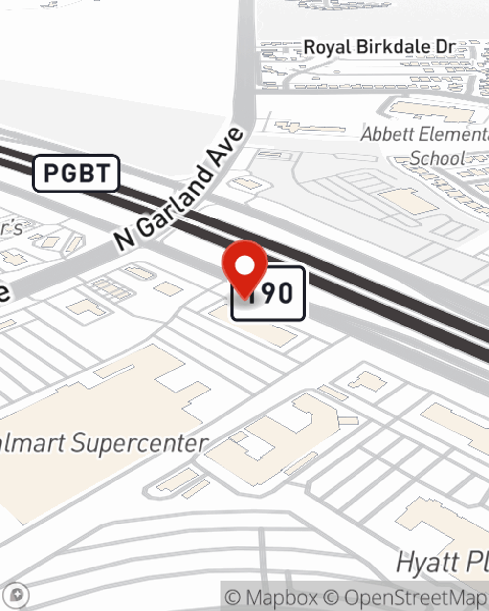 Map showing State Farm Agent Dominic Schillace's office at 5255 N President George Bush Hwy, Ste 425, Garland, TX