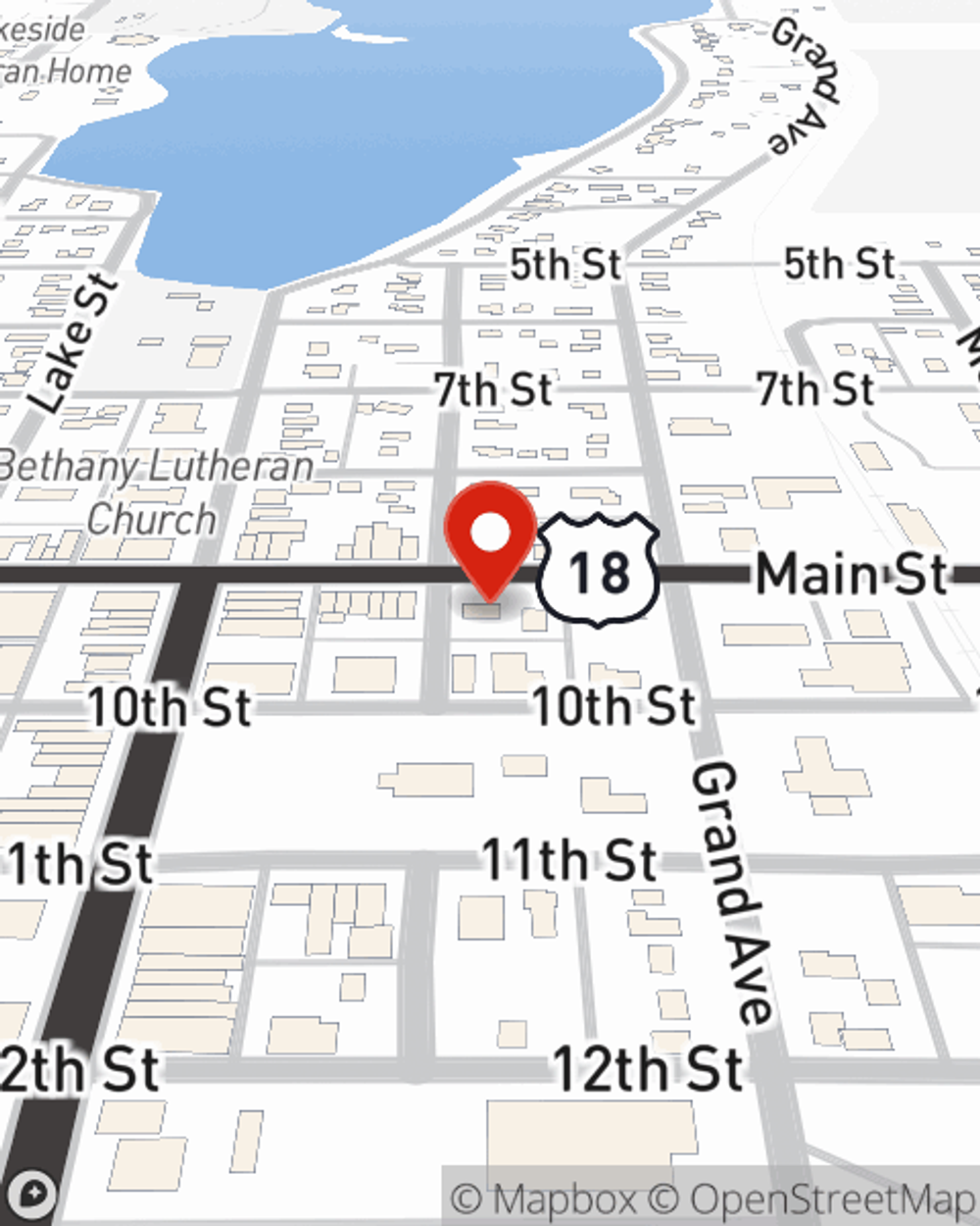 Map showing State Farm Agent David Olson's office at 2020 Main Street, Emmetsburg, IA