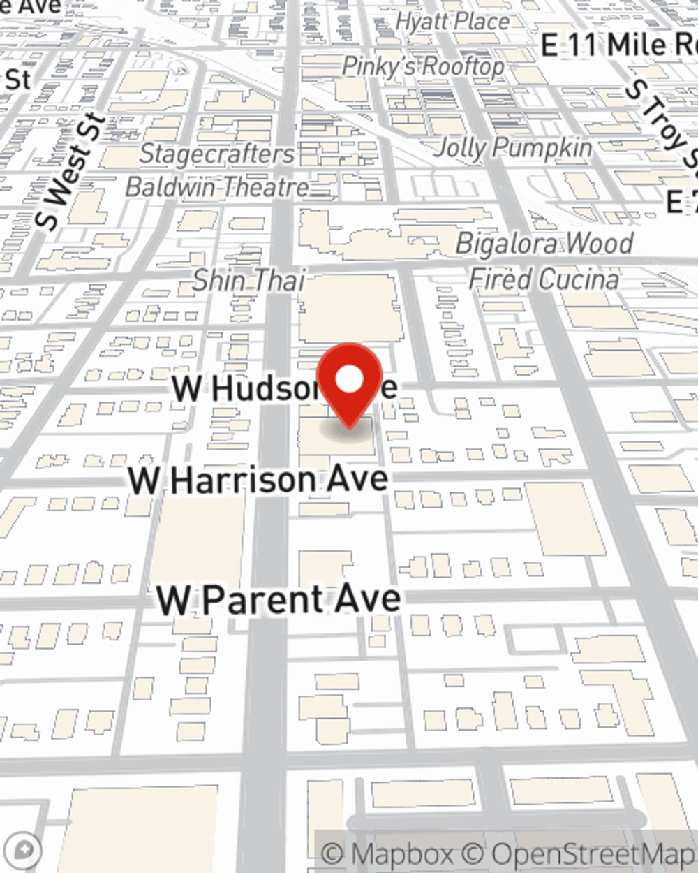 Map showing State Farm Agent Kirsten Wood's office at 1017 S. Washington Ave. Royal Oak, MI