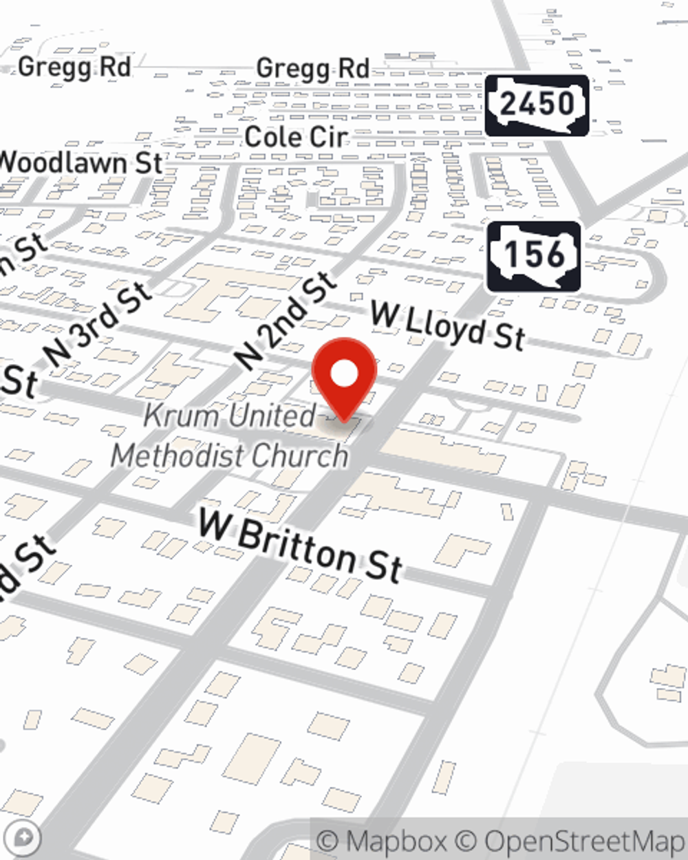 Map showing State Farm Agent Nick Hogue's office at 202 W Mccart Street Suite 160, Krum, TX