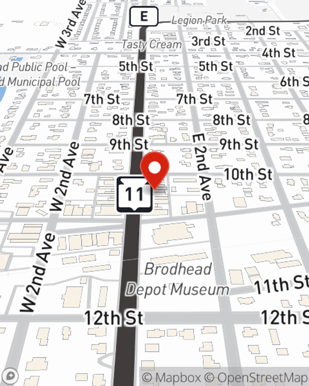 Map showing State Farm Agent Patti Reavis's office at 1018 First Center Avenue, Brodhead, WI