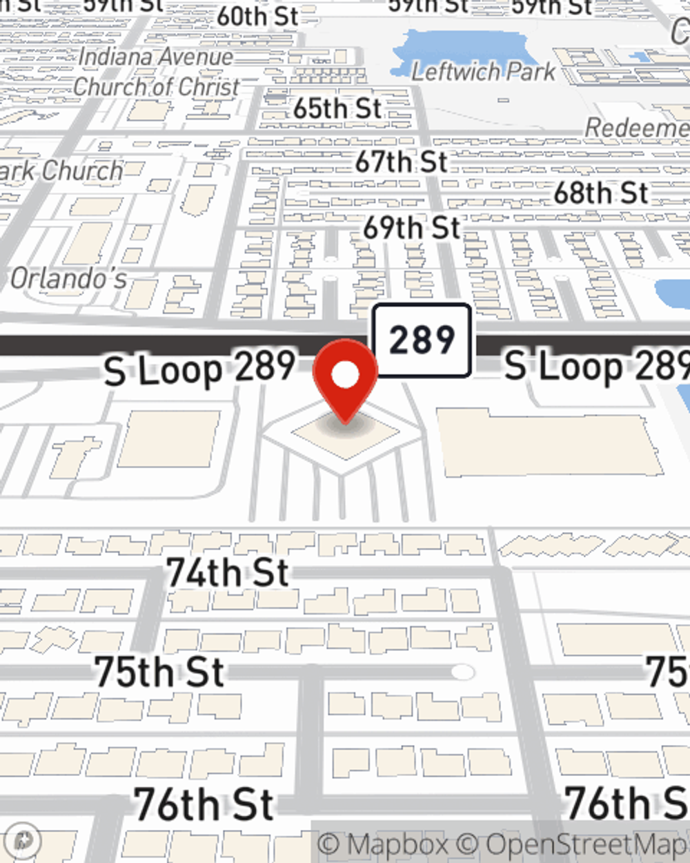 Map showing State Farm Agent TJ Warren's office at 3223 S Loop 289 Ste 215, Lubbock, TX