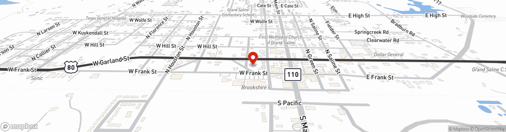 Map showing State Farm Agent Toni Threadgill's office at 202 W Frank St, Grand Saline, TX