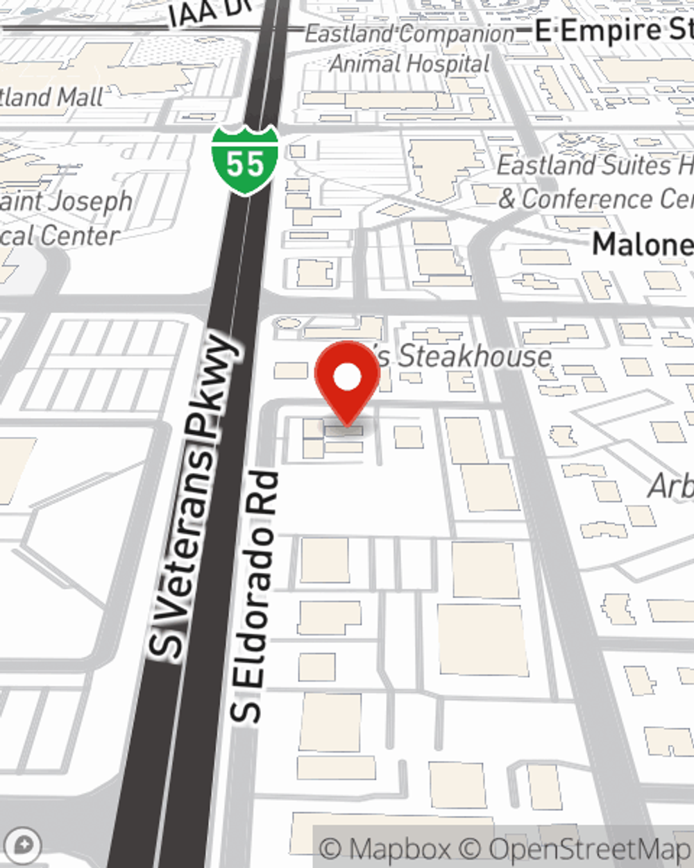 Map showing State Farm Agent Clay Pinkham's office at 202 S Eldorado Road Suite B1, Bloomington, IL
