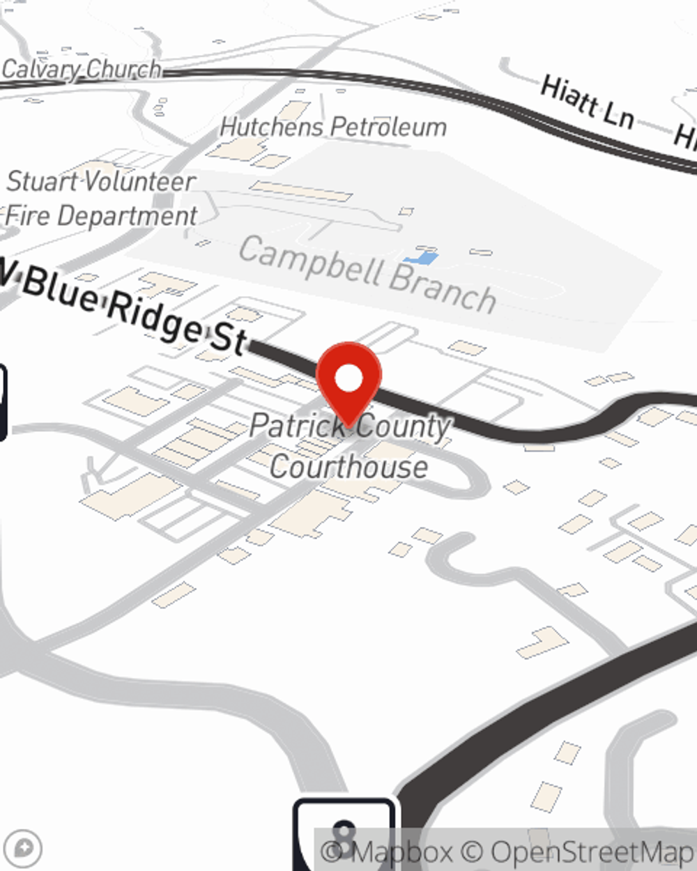 Map showing State Farm Agent Chase Ragsdale's office at 102 N Main Street, Stuart, VA
