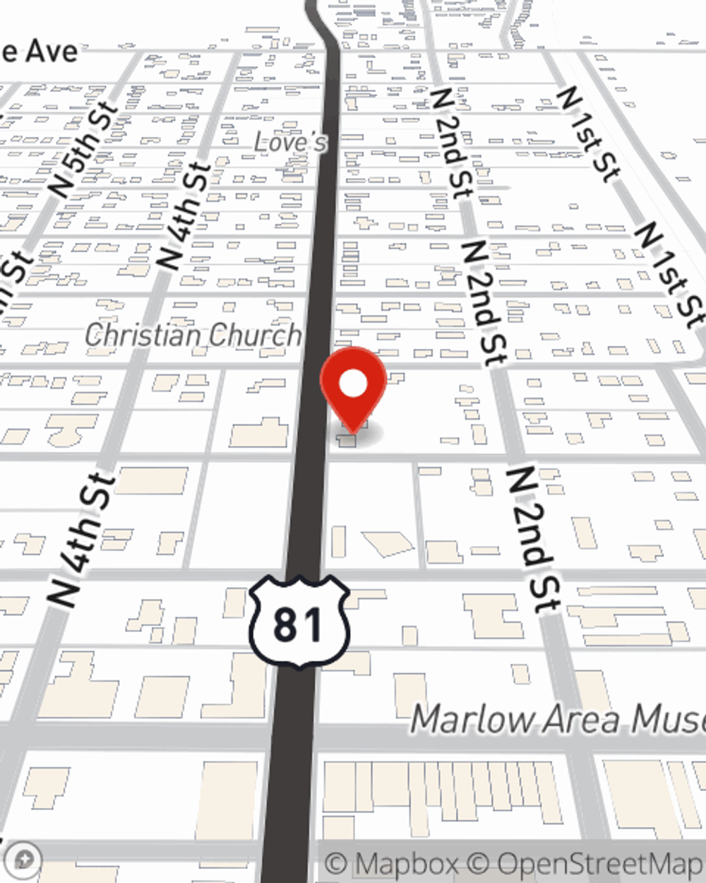 Map showing State Farm Agent Dacia Anderson's office at 302 N Broadway Street, Marlow, OK