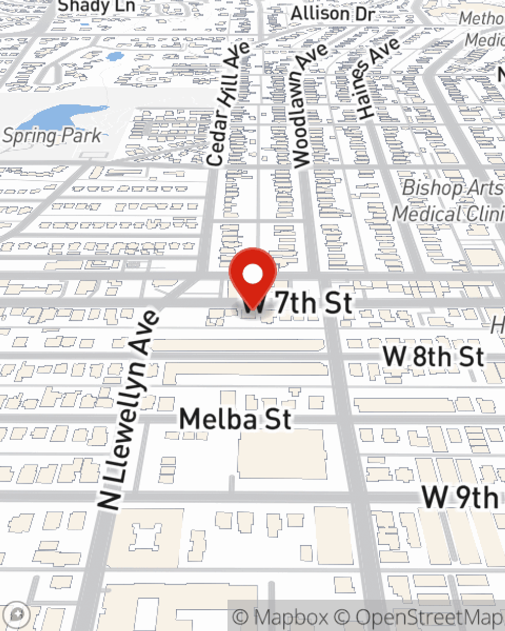 Map showing State Farm Agent Beto Rodriguez's office at 516 W 7th St, Dallas, TX
