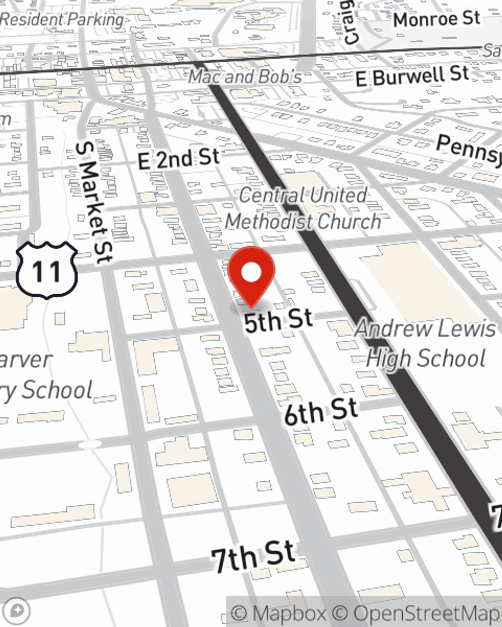 Map showing State Farm Agent Lesley Owens's office at 1451 W Main Street, Salem, VA