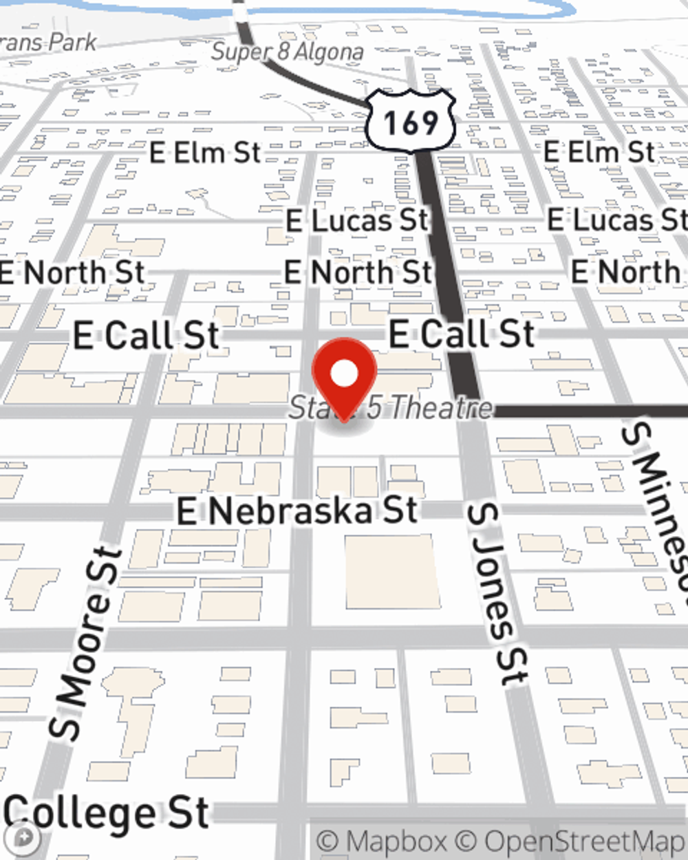 Map showing State Farm Agent Billy Offerman's office at 302 E State Street, Algona, IA