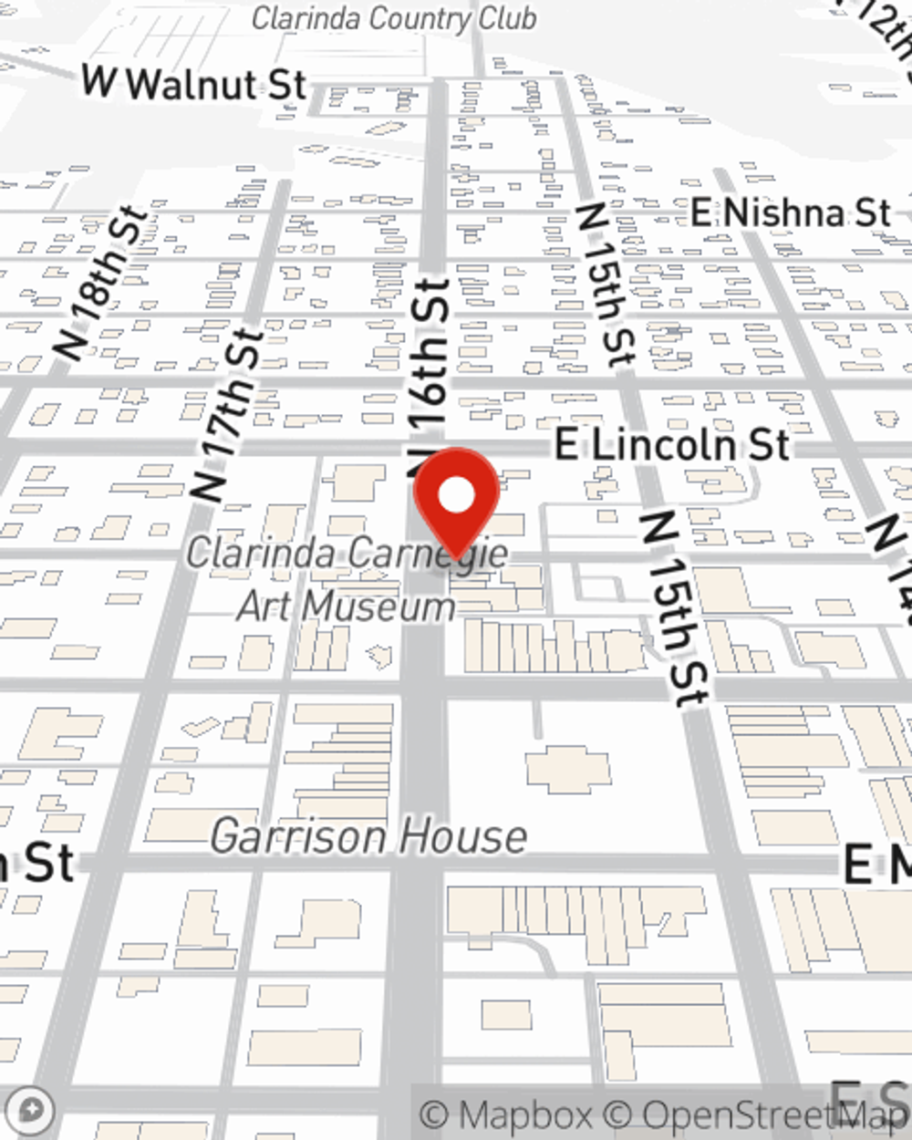 Map showing State Farm Agent Deb Marlin's office at 223 N 16th Street, Clarinda, IA